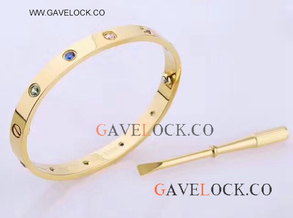 AAA Replica Cartier Multicolor Love Bracelet Gold with Rainbow Gem